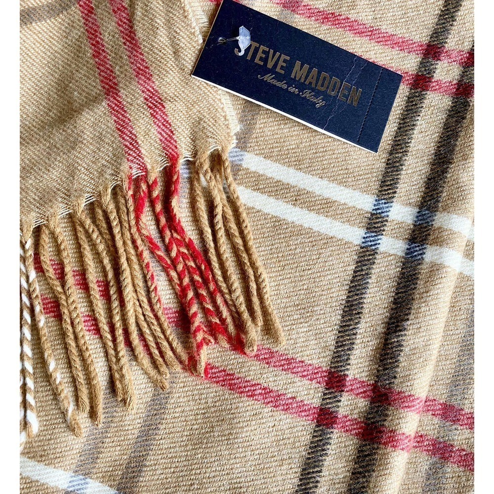 New Steve Madden Made in Italy Camel Beige & Red Super Soft Plaid Scarf